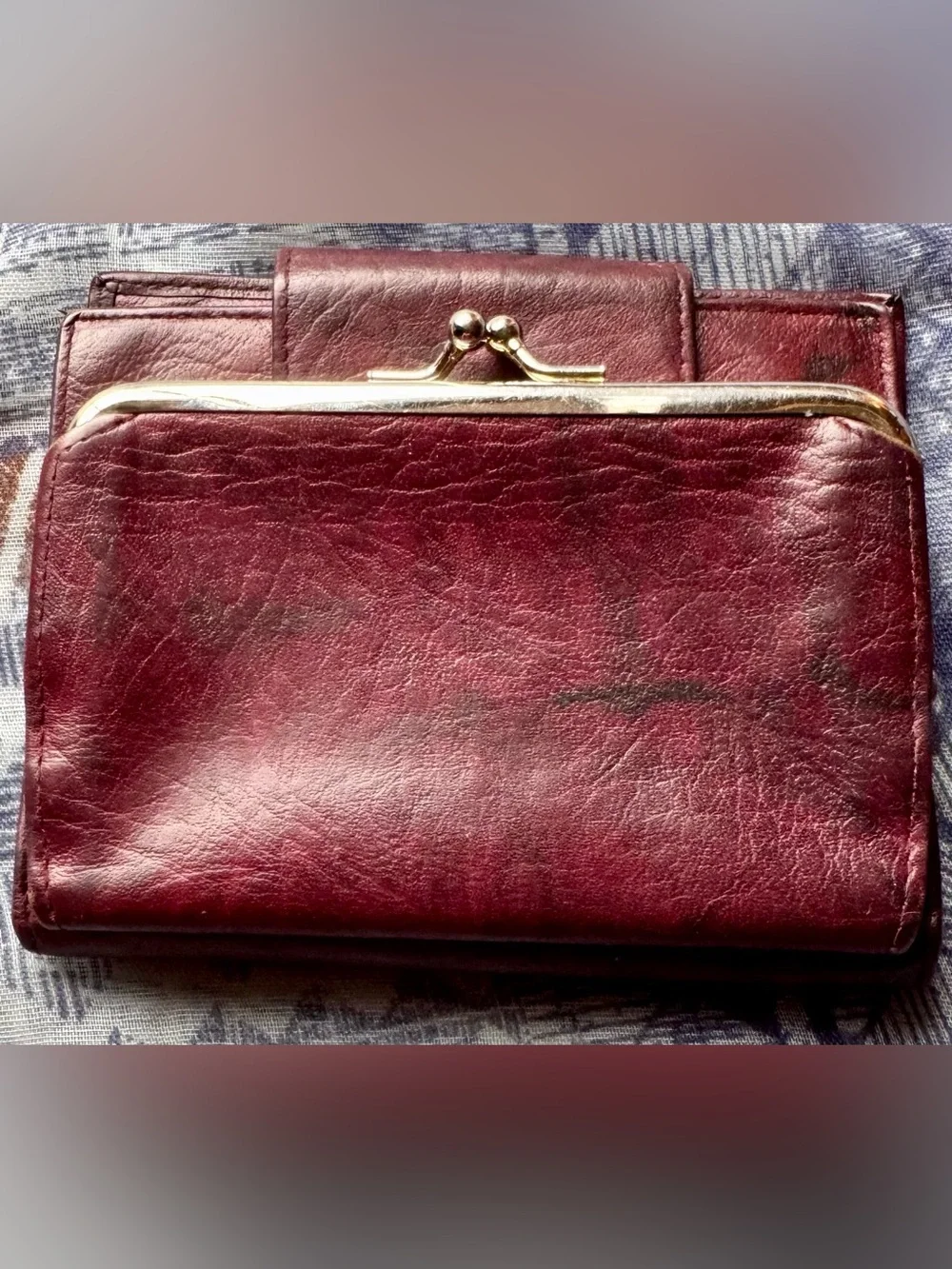 Buxton Burgundy Leather Wallet with Embossed Floral Flap